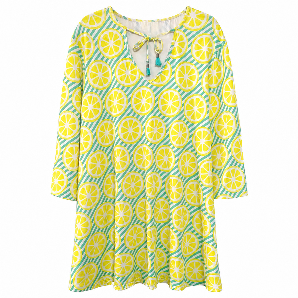 Viv & Lou Main Squeeze Swim Cover Up S/M Lemon Print Tassel Tunic Dress Resort - Picture 2 of 8